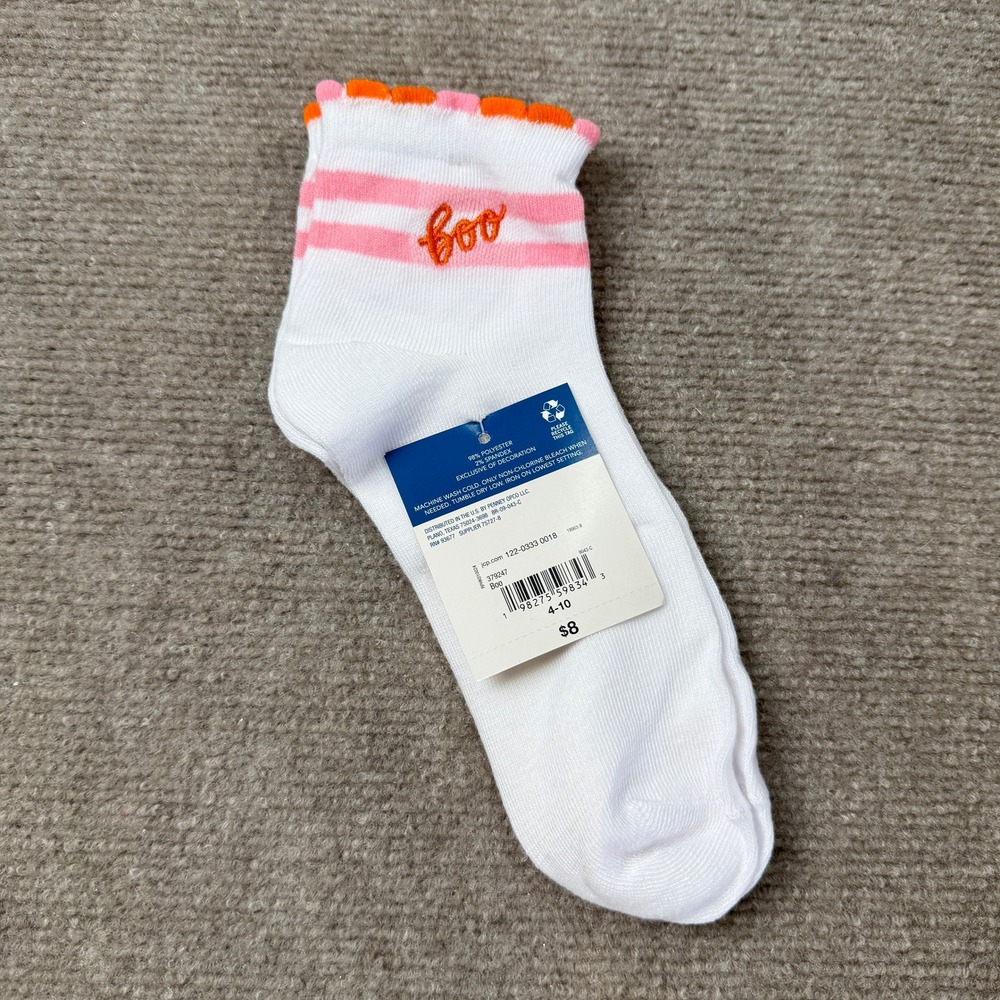 NWT Women's Ankle Socks 4-10 White Pink Stripe Boo Scalloped